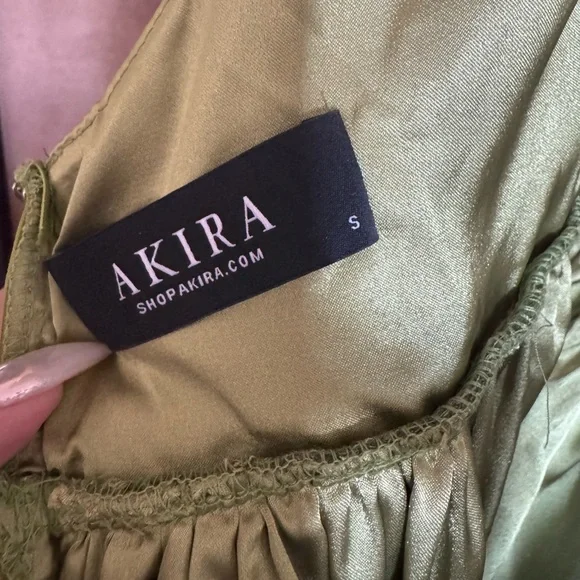 AKIRA Olive Green Satin Mini Dress with Puff Sleeves - Picture 4 of 4